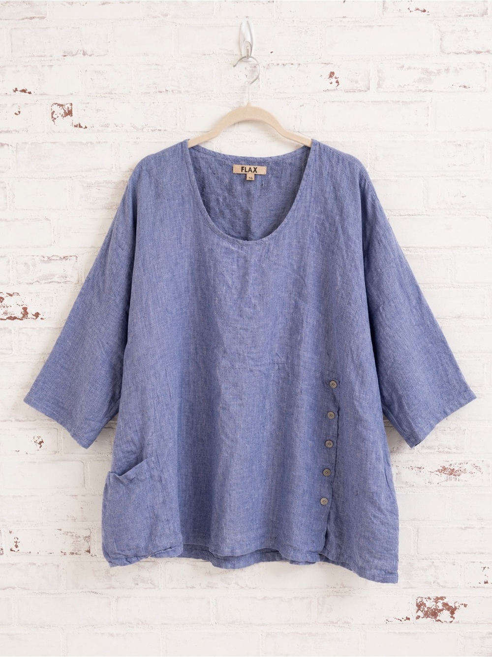 Flax Blue Linen Relaxed Scoop Neck Tunic with Side Buttons